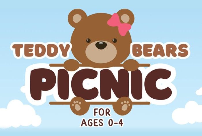 Illustration of a brown teddy bear with a pink bow, holding a sign that reads "Teddy Bears Picnic for Ages 0–4." The background is light blue with white clouds, creating a playful and child-friendly design.