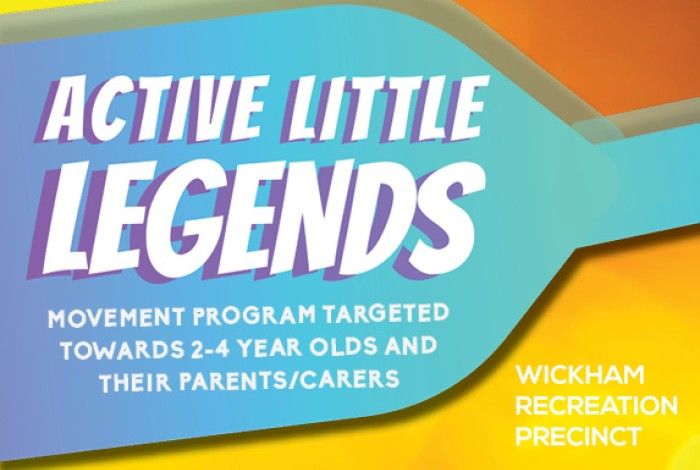 Blue/purple banner style shape with white writing that says "Active Little Legends", below the heading it says "Movement program targeted to 204 year olds and their carers/parent", in the background is a yellow orange colour