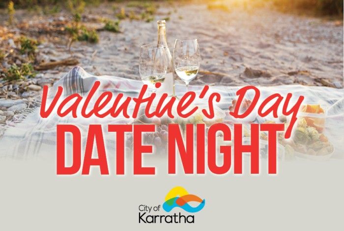 “Beach picnic at sunset with wine glasses and food on a blanket, overlaid with the text ‘Valentine’s Day Date Night’ and the City of Karratha logo.”