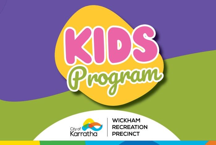 Website banner with a purple and green background featuring a large yellow rounded shape containing the words "Kids Program" in bold pink and green lettering. At the bottom is the City of Karratha logo alongside the Wickham Recreation Precinct logo on a white curved panel, with a colourful geometric border running along the lower edge.
