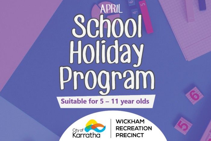 April School holiday program for 5 to 11 years banner with a purple background