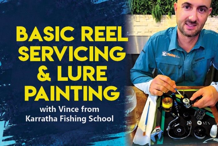 basic reel servicing and lure painting workshops with Vince from Karratha Fishing School. Vince is pictured demonstrating reel maintenance at a table with fishing equipment.
